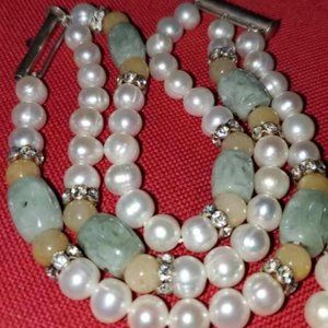 Vtg Jade 60s Set Necklace / Bracelet Jade and FW Pearl